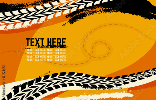 Tire track background, automotive tread tires. Tyre motorcycle or transport brochure template design. Grunge racing neoteric vector banner