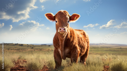 Red angus - Cow in the pasture - Face - horn - Angus - calf - Steer - Created with Generative AI technology. photo