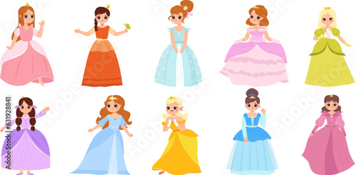 Cartoon little princess children, cute princesses in magic beautiful dress. Babies fairy lady characters, adorable queen snugly vector set