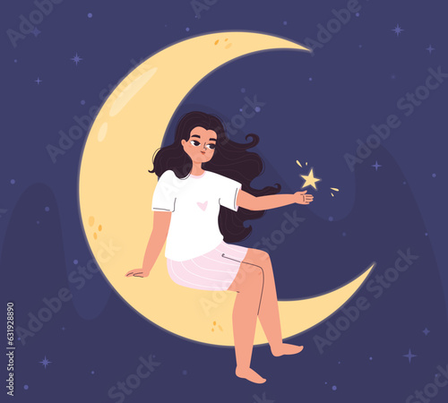 Girl dream on moon, woman at night sit on crescent and holding star. Imagine or sleep, cartoon magic nighttime concept. Imagination snugly vector scene