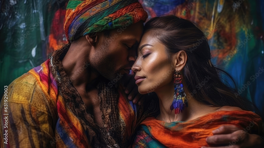 A Vibrant Celebration of Love: Embracing Colorful Harmony in a Blended Ethnic Couple's Portrait