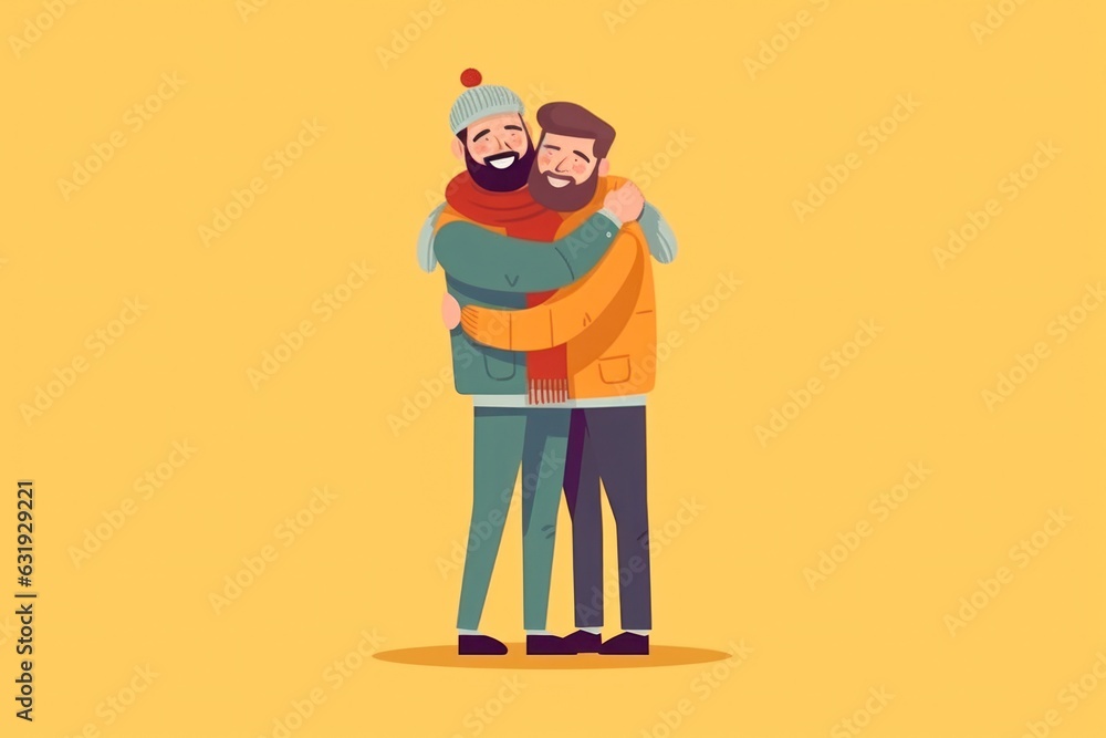  gay couple, hugging and happy, full color flat illustration. 