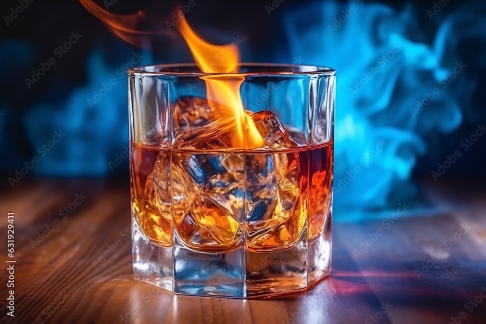 Whiskey. Whiskey in a glass with ice and smoke on a black background, close up.