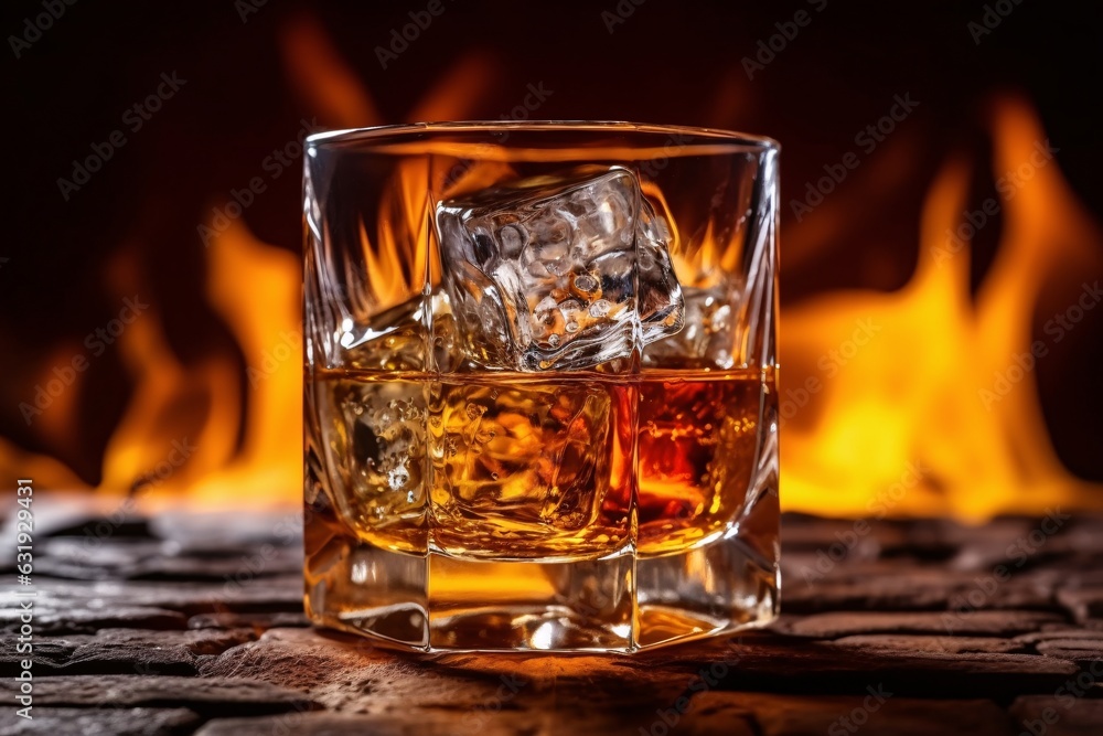Whiskey. Whiskey in a glass with ice and smoke on a black background, close up. Whiskey. Whiskey in a glass with ice and smoke on a black background, close up.