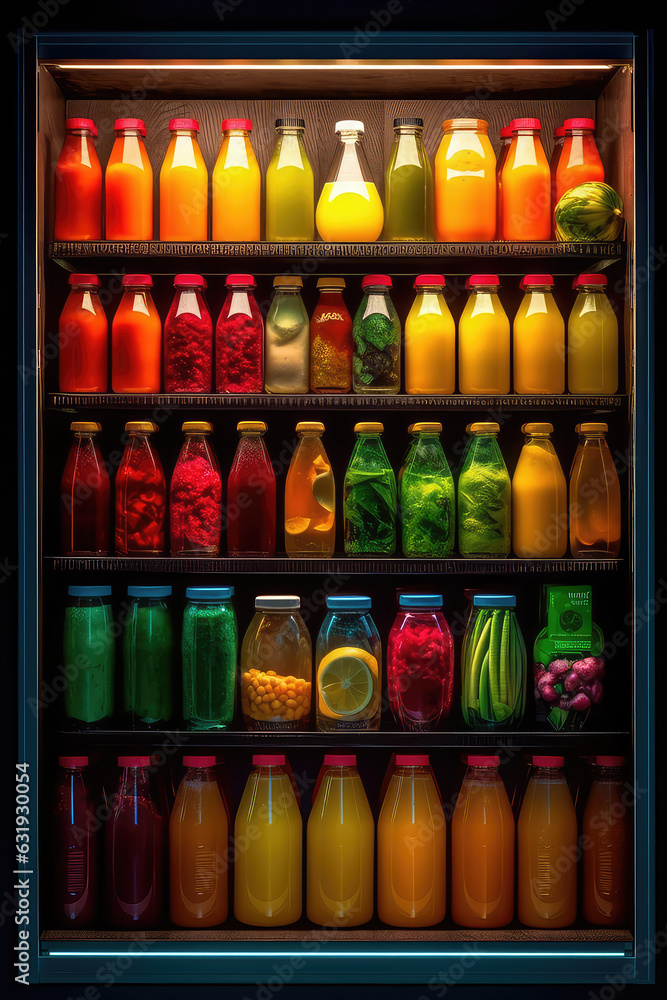 Different natural fruit and vegetable Juices in bottles inside refrigerator. Vertical wallpaper of natural multicolored fruit smoothies on the fridge shelves.