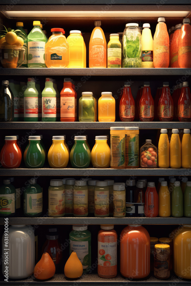 Different natural fruit and vegetable Juices in bottles inside refrigerator. Vertical wallpaper of natural multicolored fruit smoothies on the fridge shelves.