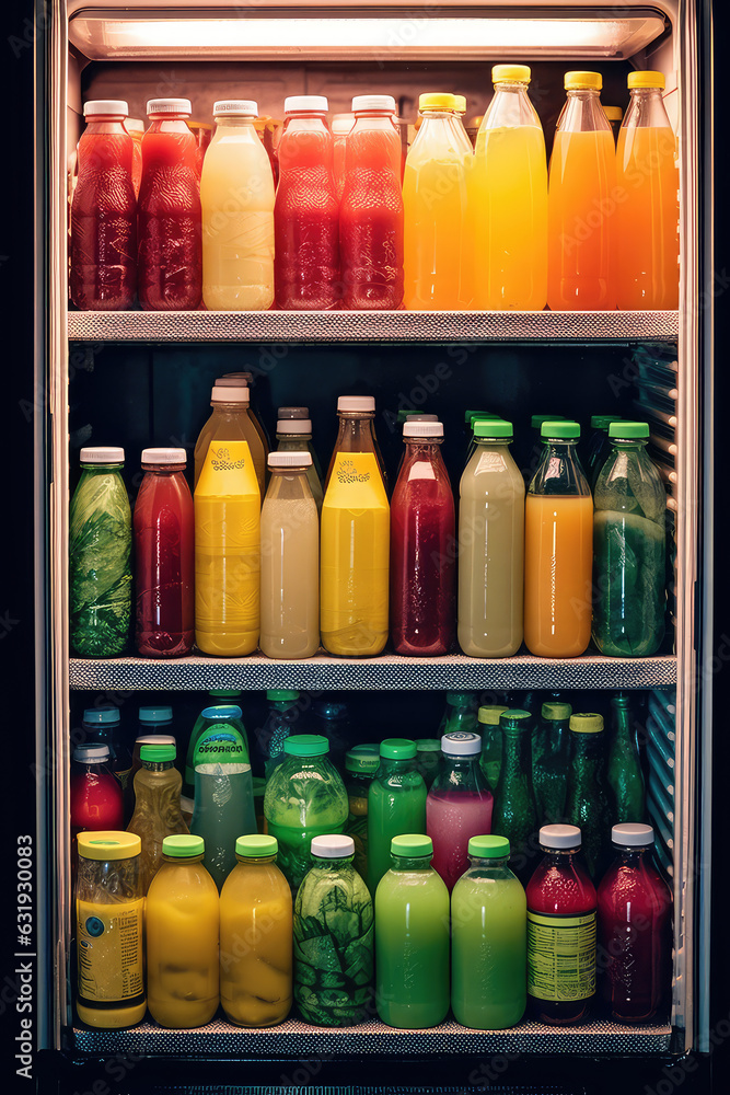 Different natural fruit and vegetable Juices in bottles inside refrigerator. Vertical wallpaper of natural multicolored fruit smoothies on the fridge shelves. Different natural fruit and vegetable Juices in bottles inside refrigerator. Vertical wallpaper of natural multicolored fruit smoothies on the fridge shelves.