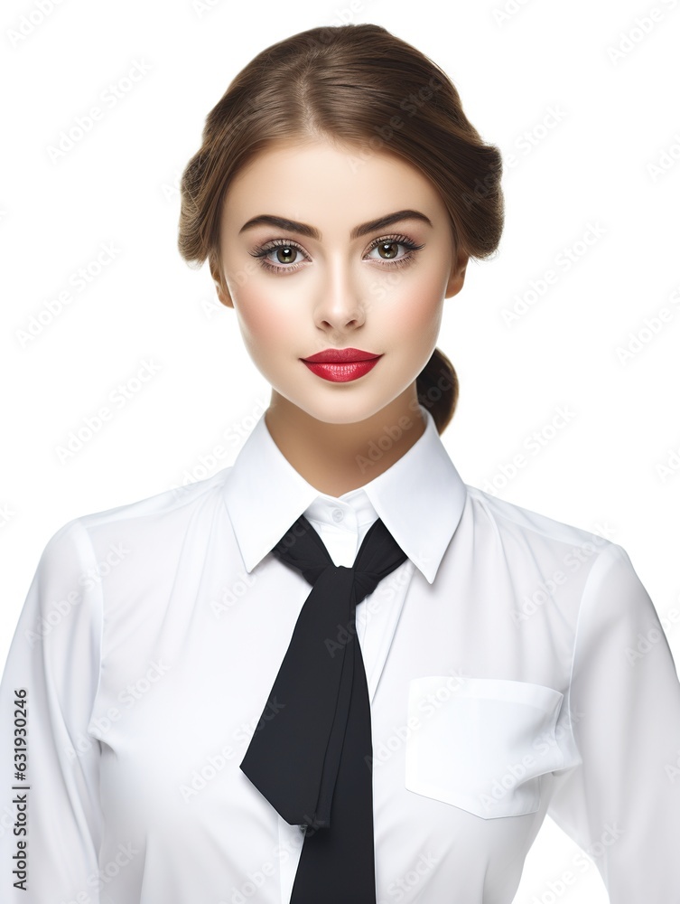 Beautiful woman dressed as a saleswoman on white background Ai Generative Beautiful woman dressed as a saleswoman on white background Ai Generative