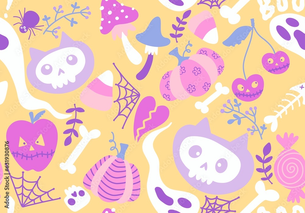 Cartoon Halloween cats seamless pumpkins and skulls and ghost and mushrooms pattern for wrapping paper Cartoon Halloween cats seamless pumpkins and skulls and ghost and mushrooms pattern for wrapping paper