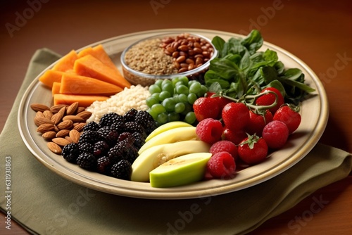 Plate with different healthy products on wooden table, closeup. Balanced diet
