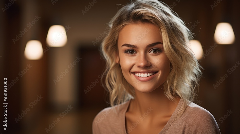 Young smilling business woman posing on soft color background. 