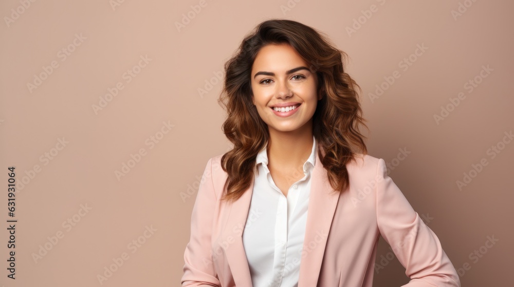 Young smilling business woman posing on soft color background. 
