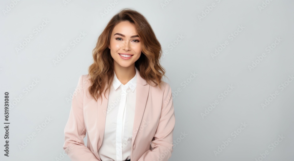 Young smilling business woman posing on soft color background. Young smilling business woman posing on soft color background.
