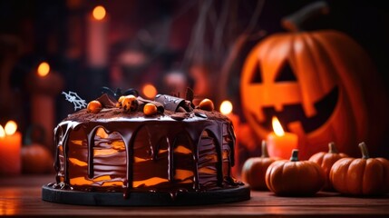 Halloween scary pumpkin cake and halloween candles. halloween background. 