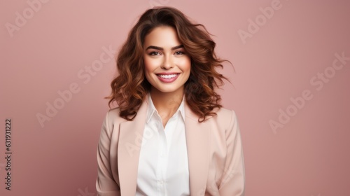 Young smilling business woman posing on soft color background. 