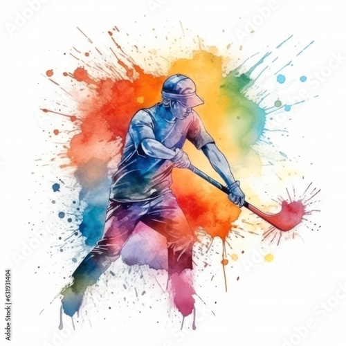 Athlete plays hockey .drawing in watercolor style. rainbow splashes