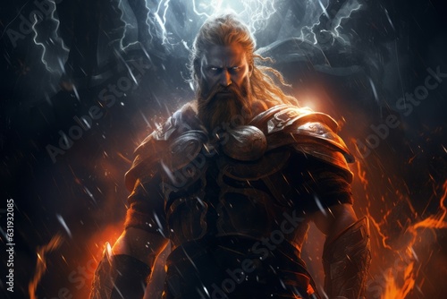 thunder god in majestic Valhalla, surrounded by lightning, Generative AI