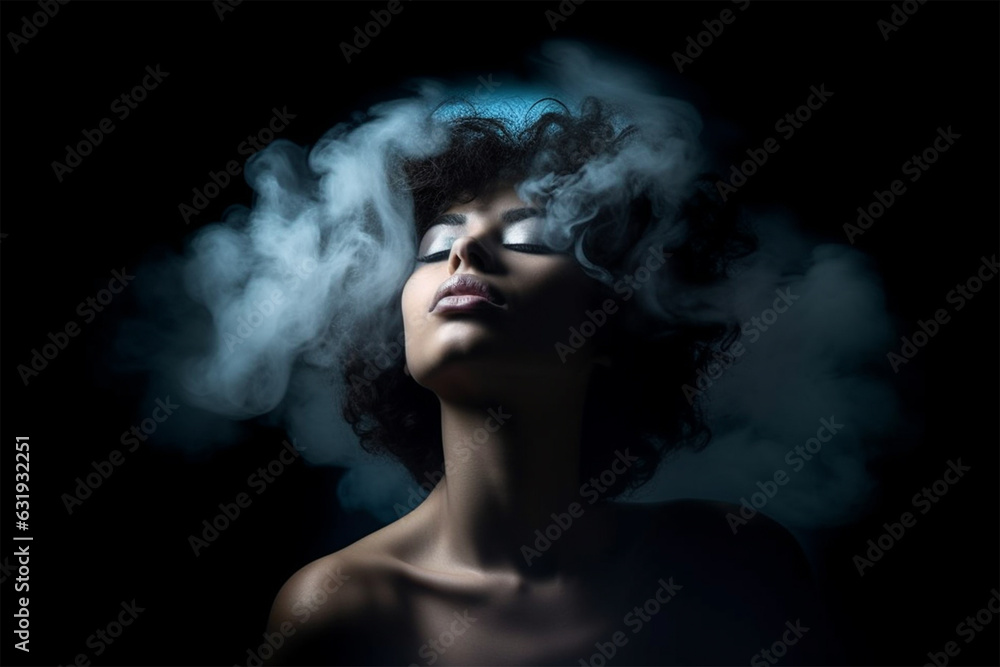 Young woman with her head in a misty cloud.lack of common sense.Depression, addiction, loneliness and mental health concept. Young woman with her head in a misty cloud.lack of common sense.Depression, addiction, loneliness and mental health concept.