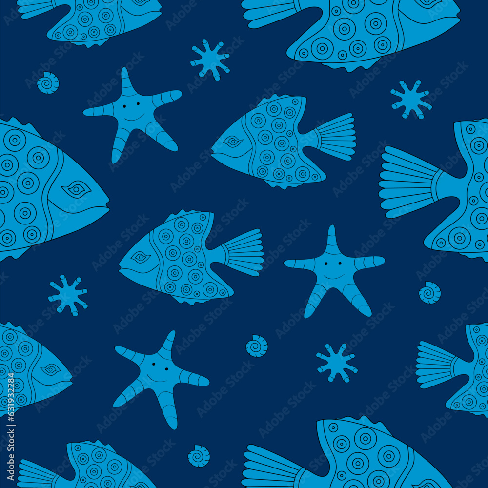 Seamless pattern with exotic fish, sea stars and corals on blue background.