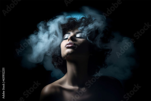 Young woman with her head in a misty cloud.lack of common sense.Depression, addiction, loneliness and mental health concept. 