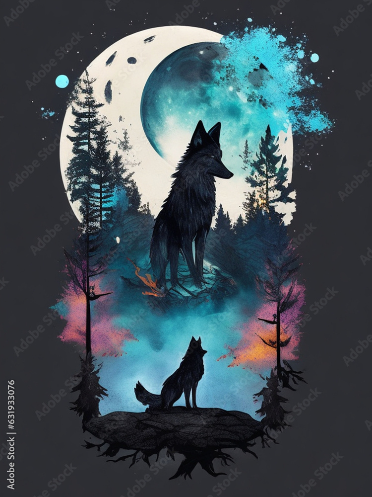 Illustration of a wolf in the forest against the background of the moon Illustration of a wolf in the forest against the background of the moon