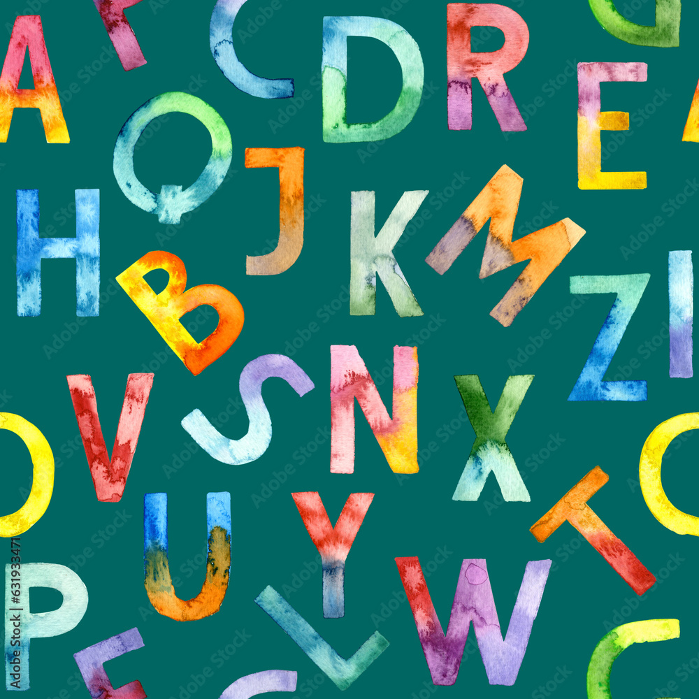 Seamless pattern of ABC capital letters of the alphabet hand drawn with watercolor. Lettering on green background. For fabric, sketchbook, wallpaper, wrapping paper. Seamless pattern of ABC capital letters of the alphabet hand drawn with watercolor. Lettering on green background. For fabric, sketchbook, wallpaper, wrapping paper.