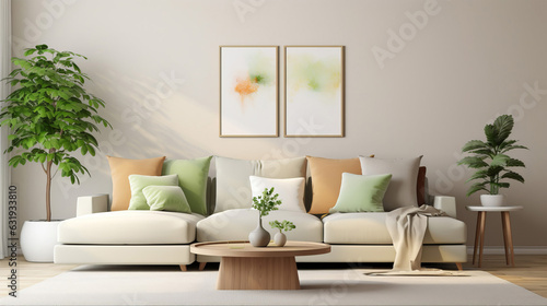 Photo of a cozy and stylish living room with modern furniture and a touch of nature