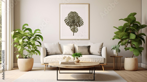 Photo of a cozy living room with modern furniture and vibrant green plants