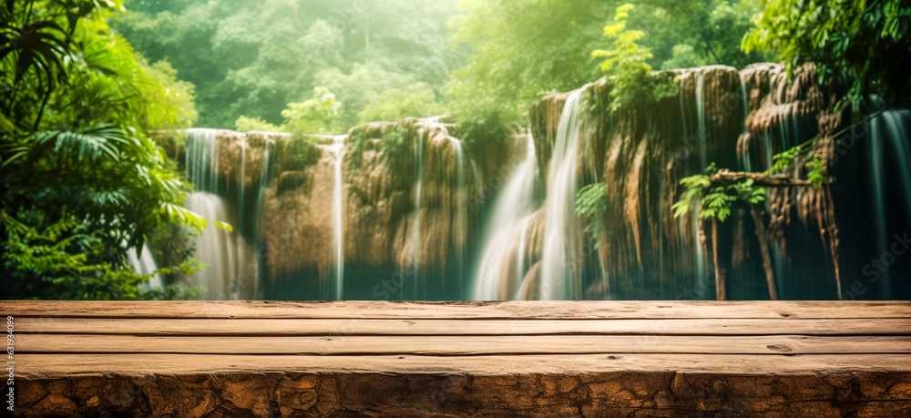 Empty wooden table top with jungle landscape with waterfall. Tropical rainforest valley landscape, for display or montage your products.
