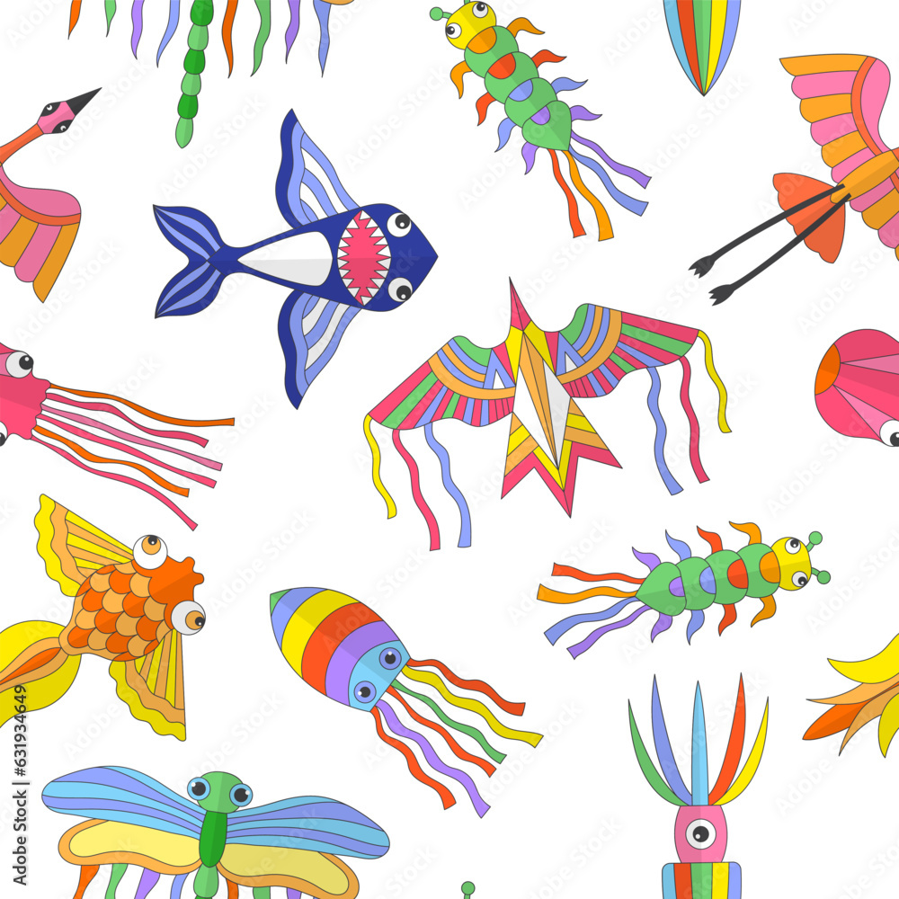 Kites pattern. Colored cartoon flying funny kites. Vector seamless background
