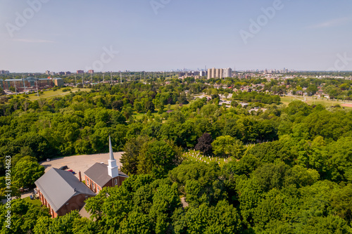 Aerial view of Saint Andrews Presbyterian Church in Scarborough green park in Toronto is a community of faith that shares and offers worship, Bible studies, and social justice outreach in community.