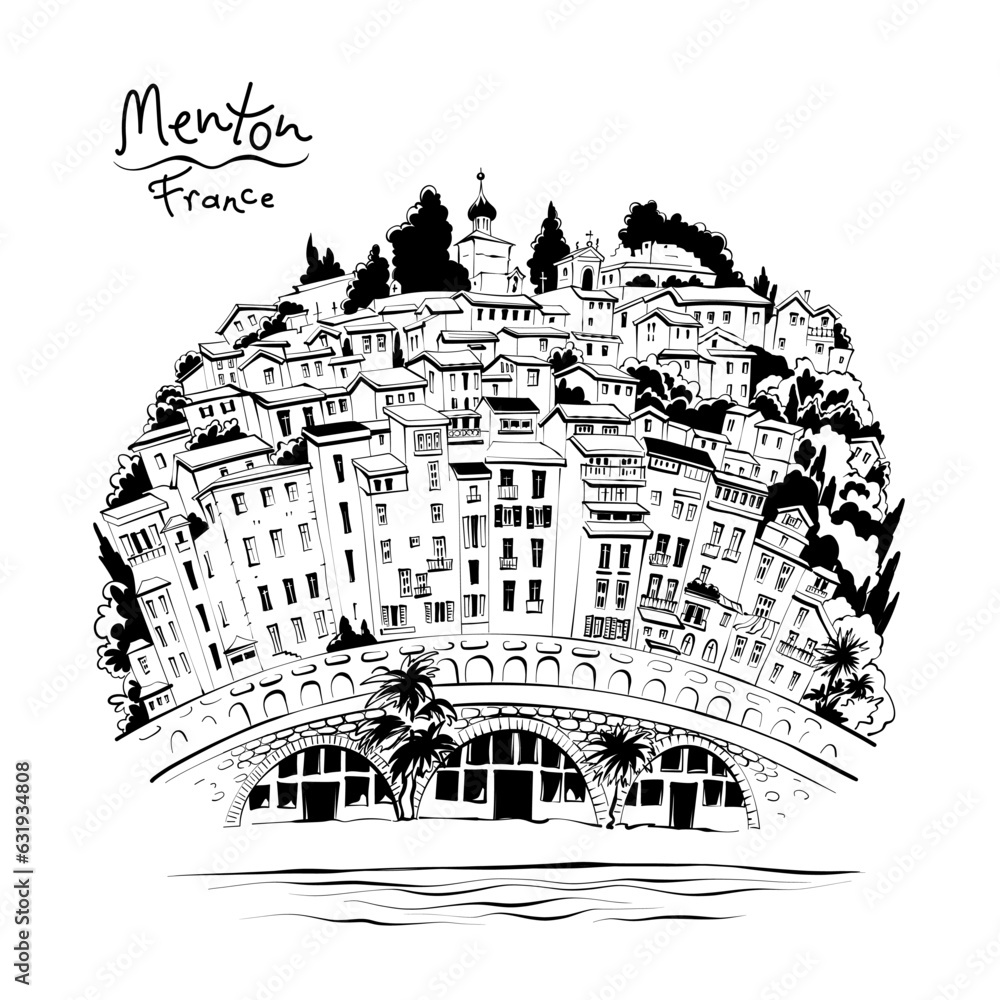 Vector hand drawing. Typical Provencal houses in Menton, Provence, France