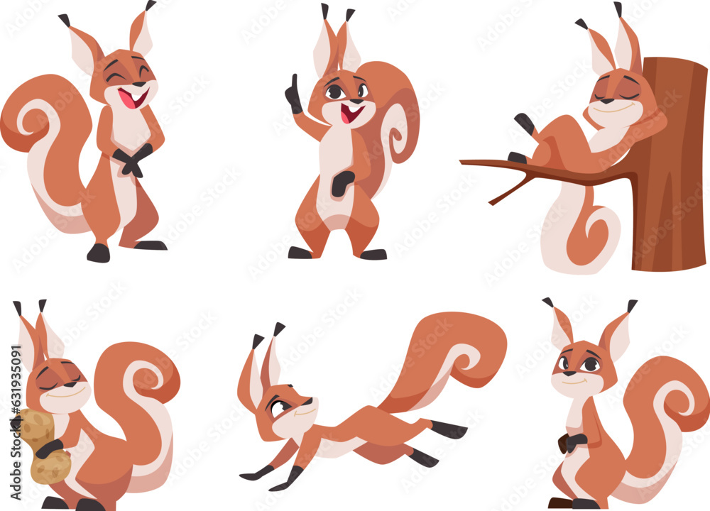 Cartoon squirrel. Wild fur animal in forest exact vector squirrel in action poses