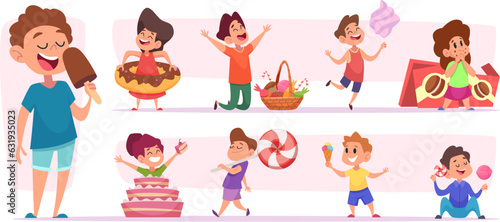 Kids sweets. Children loving ice cream candy cakes exact vector illustrations in cartoon style