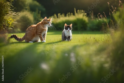 A realistic cat and a mouse play together as friends in a big garden. AI Generative