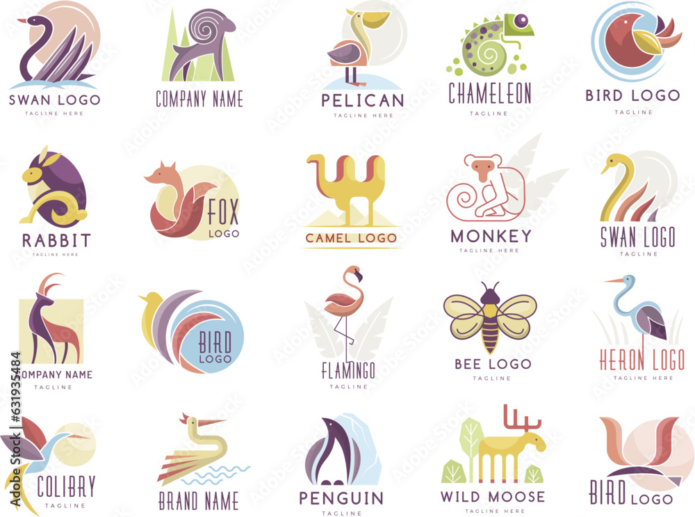 Animals set. Logotype collections of different animals recent vector identity templates