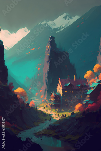 shadowed valley: a gothic mountain realm painted with vibrant palettes and whimsical touches, a fusion of fantasy and reality, Generative AI