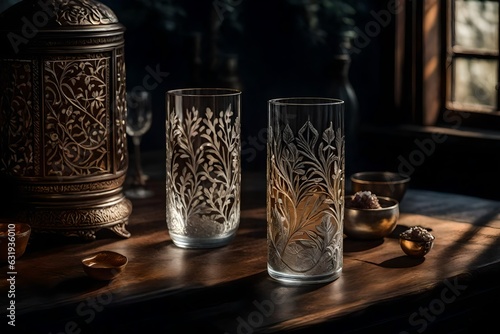 A transparent glass adorned with intricate silver patterns rests on a marble pedestal. AI generative