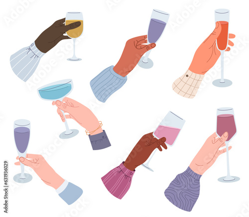 Drinks in hands set. People holding glass of wine or sparkling champagne, pint beer and bar cocktail. Beverages in glass, cup, bottle, wineglass