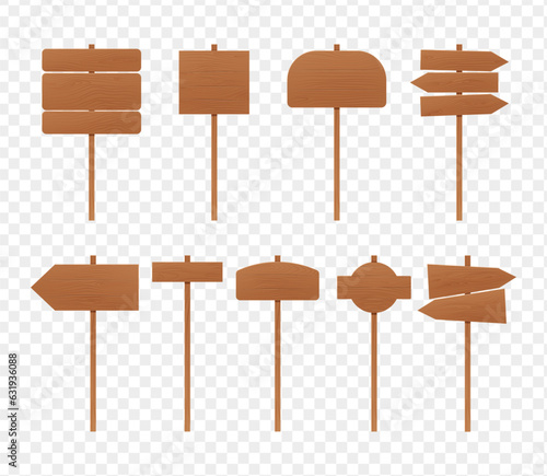 Set of wooden sign posts. Rustic board, plank with place. Wood sign old road planks set.