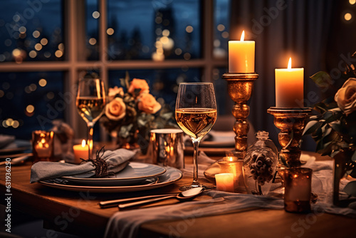 Elegant table setting with candles and flowers in restaurant. Selective focus. Romantic dinner setting with candles and flowers on table in restaurant.