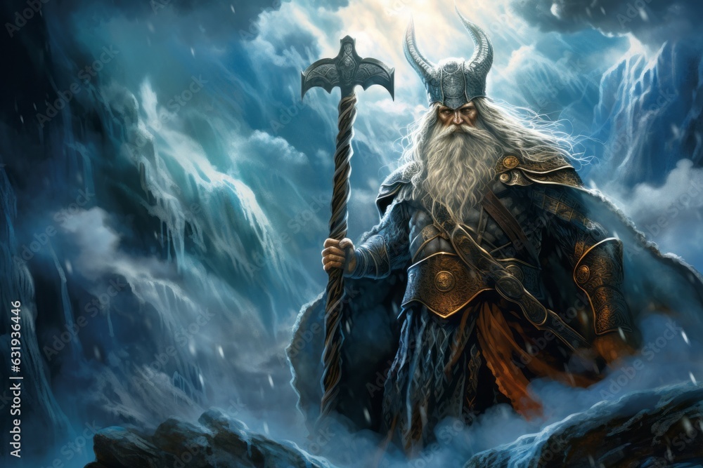 Naklejka premium amidst the halls of valhalla, odin reigns supreme, Generative AI