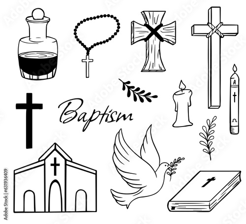 Black set of baptism related icons. Christian religion icons