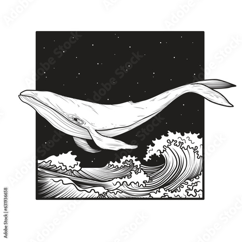 Square composition with whale and ocean waves. T-shirt design, tattoo art. Vector illustration