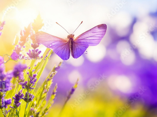 Butterfly on a meadow with purple flowers. Nature background