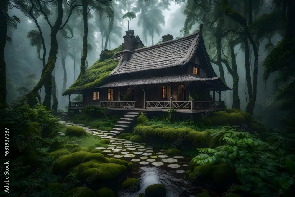 An elegant country house standing proudly in the rain. AI Generative An elegant country house standing proudly in the rain. AI Generative
