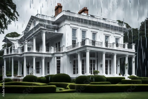 An elegant country house standing proudly in the rain. AI Generative