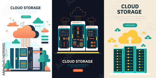 Hosting, cloud storage download flat vector illustration. Big data. Digital service or app with data transfering. Online computing technology. Server center and datacenter network