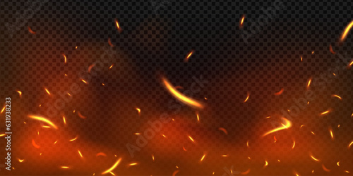 Fire flying sparks background. Vector realistic heat effect of flame in bonfire, isolated on transparent background.
