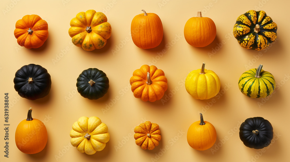 Overhead View of a Variety of Pumpkins and Gourds Arranged in Horizontal Knolling - On Light or Cream Background - Fall, Autumn, Winter, Thanksgiving, Halloween - Generative AI Overhead View of a Variety of Pumpkins and Gourds Arranged in Horizontal Knolling - On Light or Cream Background - Fall, Autumn, Winter, Thanksgiving, Halloween - Generative AI